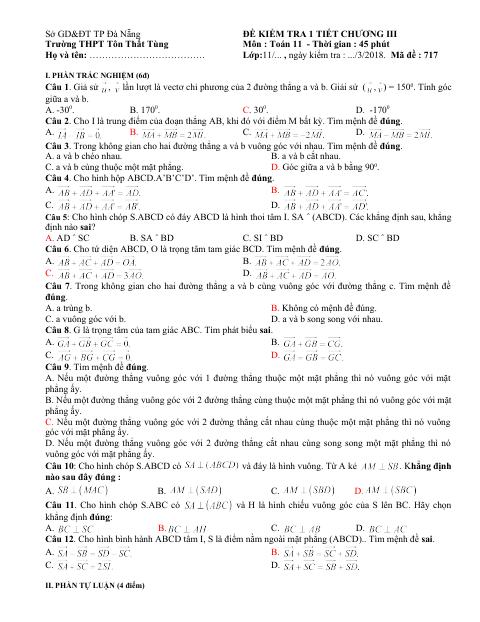 Đề kiểm tra 1 tiết Hình học 11 chương 3 trường THPT Tôn Thất Tùng – Đà Nẵng (bản Word)